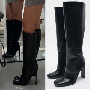 Zara NWOT Black square toe knee high boots premium faux leather heeled boots